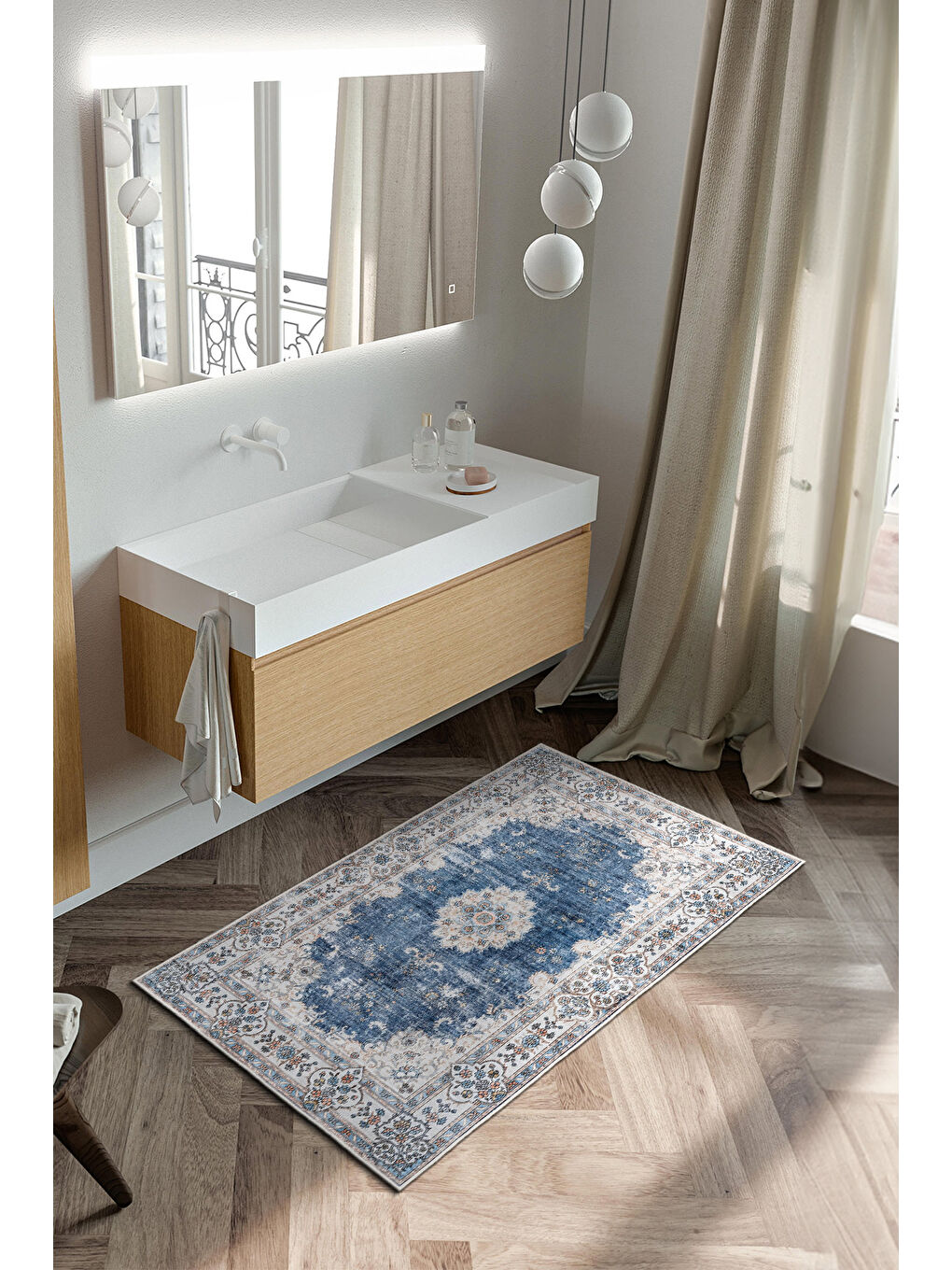 Mavi Dekoratif Özel Tasarım Yıkanabilir İnce Kaymaz Tabanlı Modern Halı KECE FR26-3