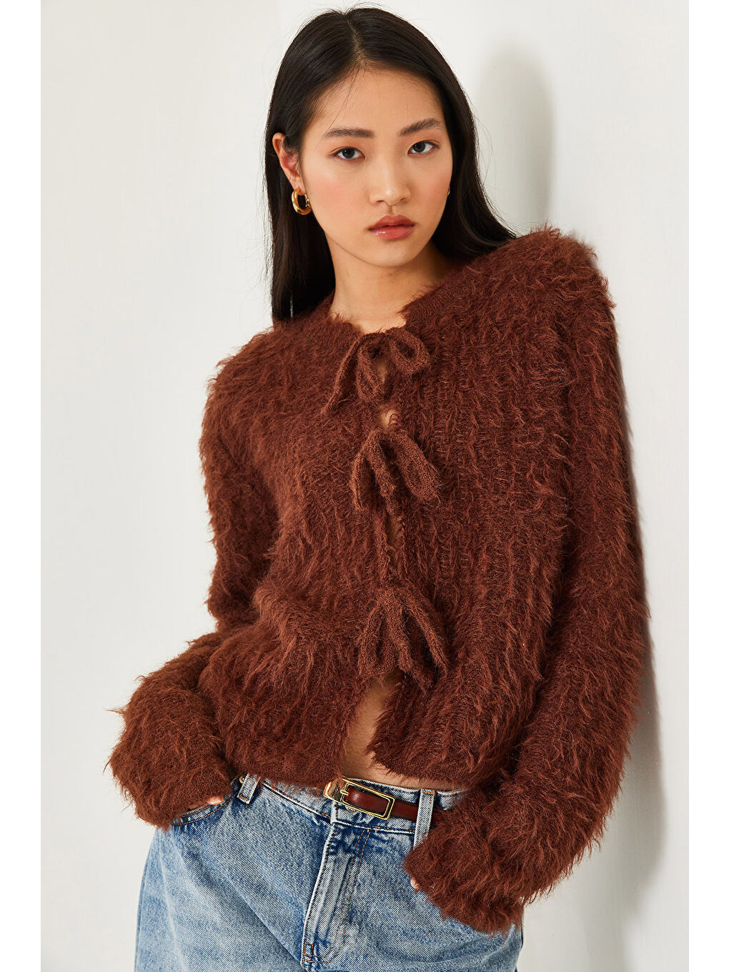 Kahverengi Kadın Önden Bağlamalı Saçaklı Hırka