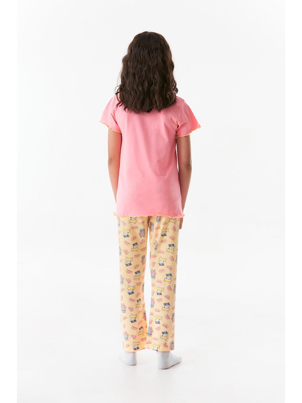 Fullamoda Pembe Kedi Baskılı Bisiklet Yaka Kız Çocuk Pijama Takımı - 1