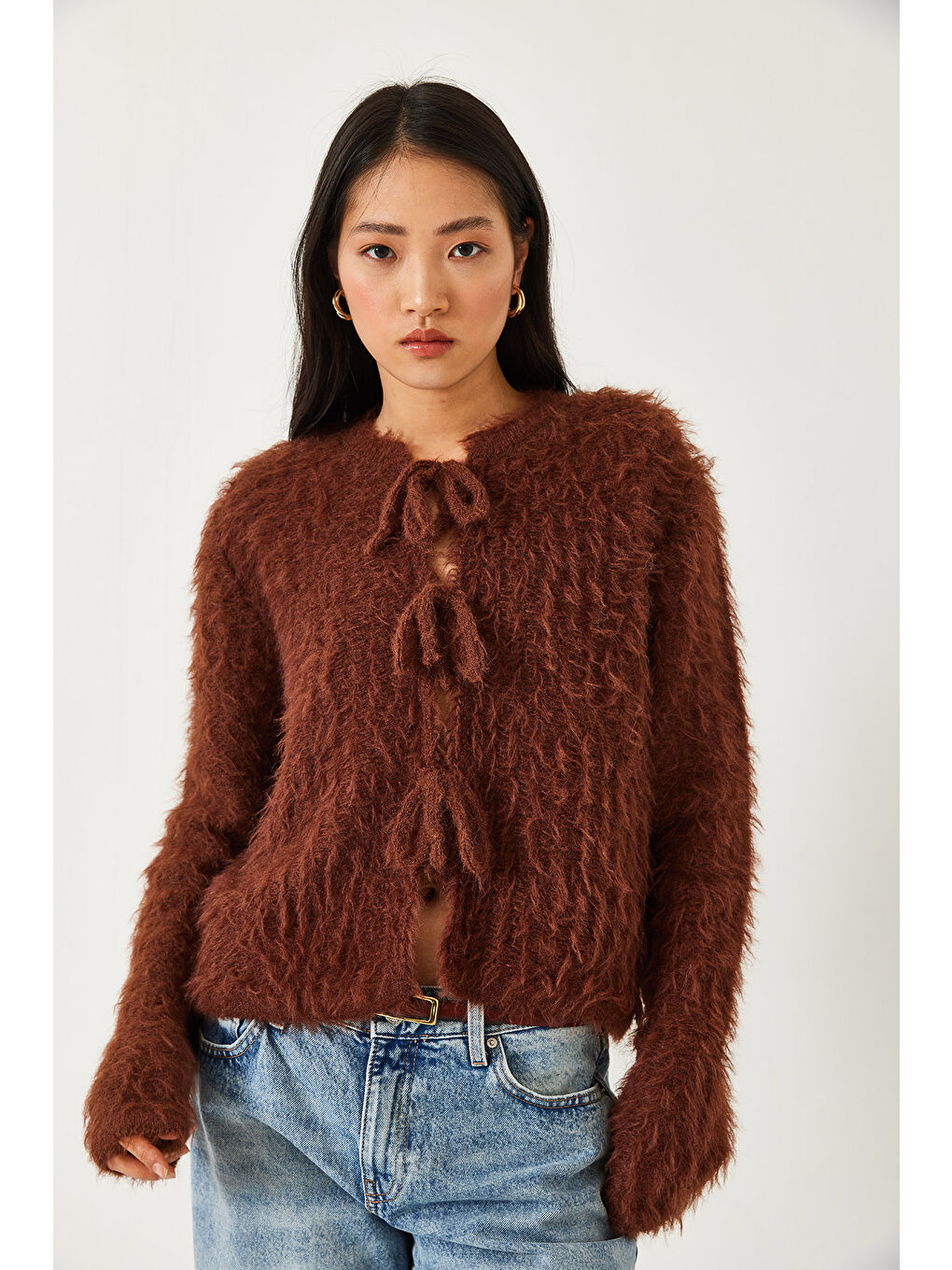 Kahverengi Kadın Önden Bağlamalı Saçaklı Hırka-1