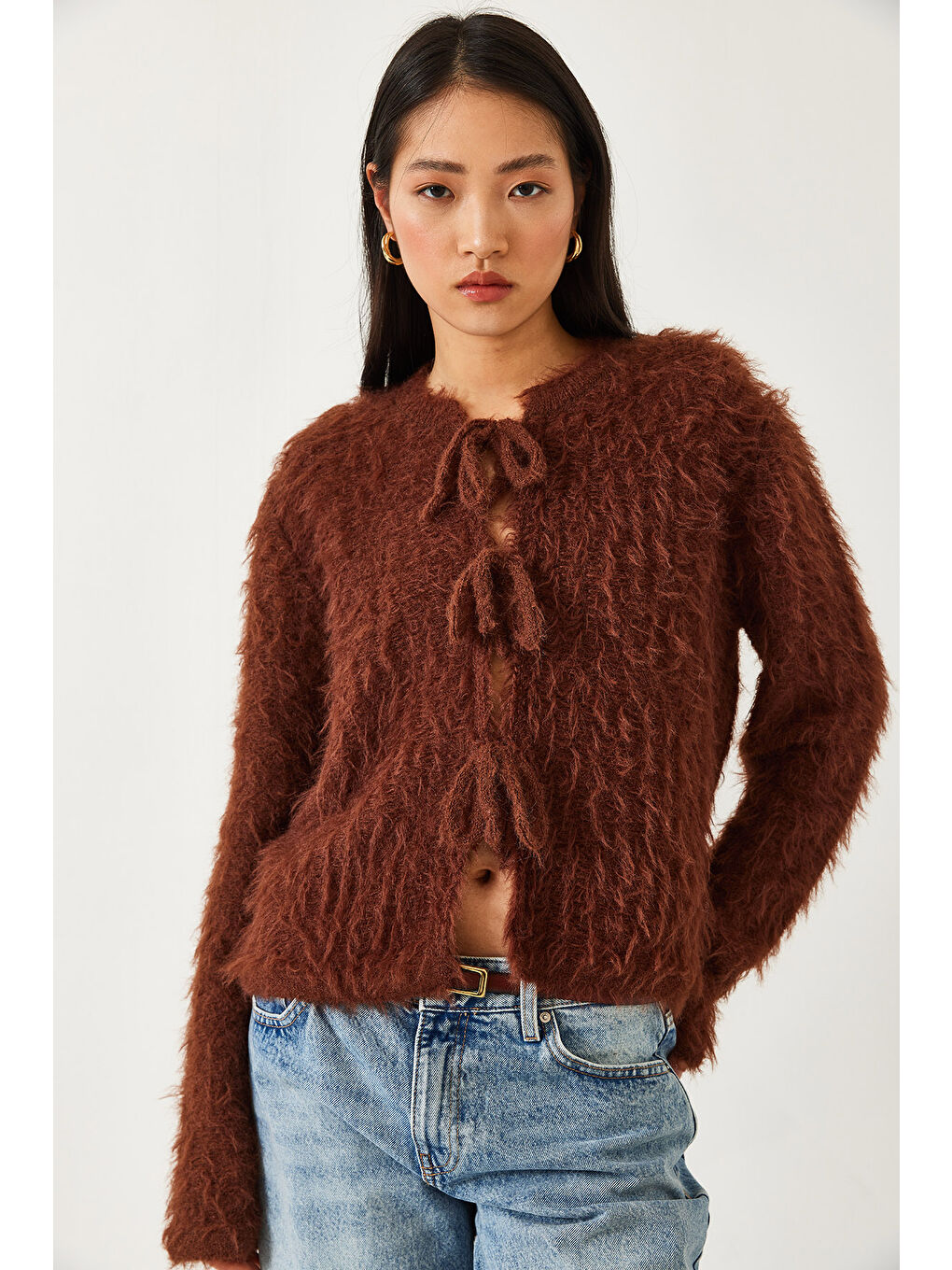 Kahverengi Kadın Önden Bağlamalı Saçaklı Hırka-2