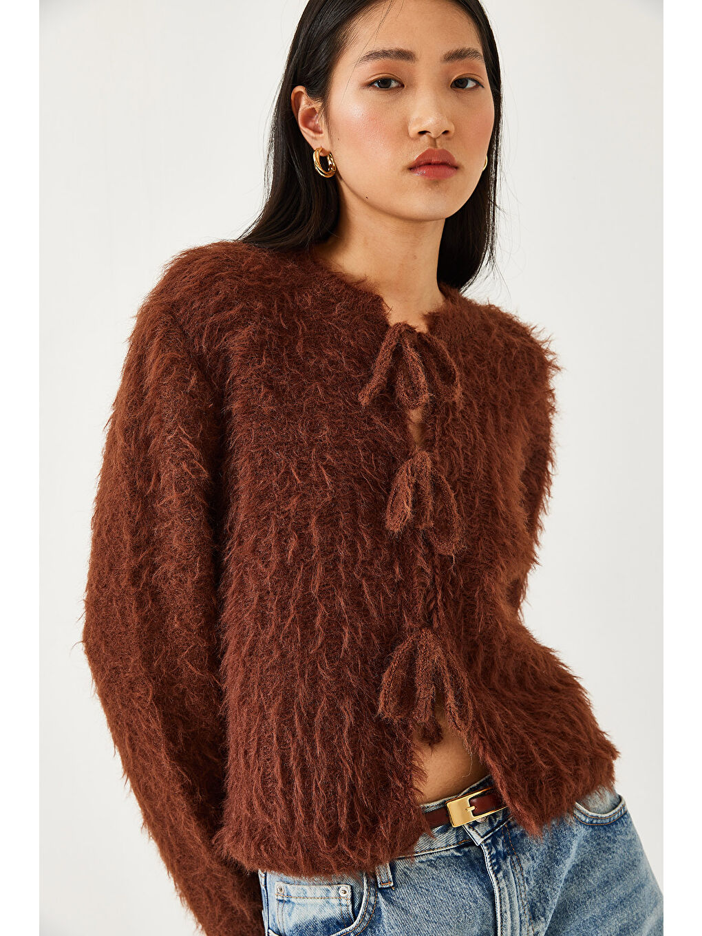 Kahverengi Kadın Önden Bağlamalı Saçaklı Hırka-3