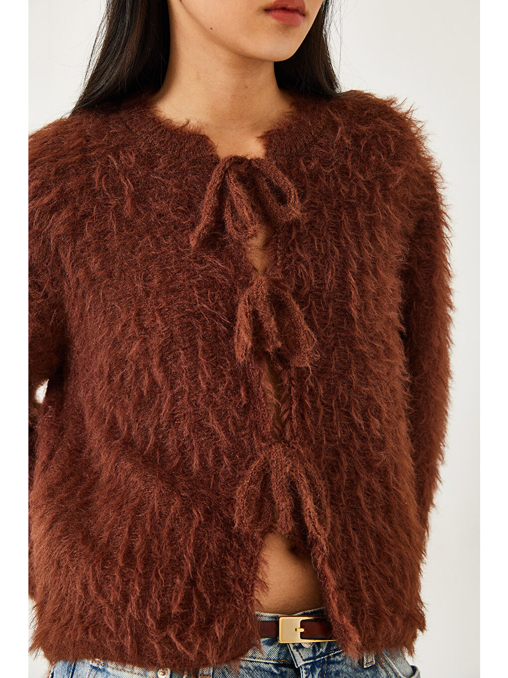 Kahverengi Kadın Önden Bağlamalı Saçaklı Hırka-4