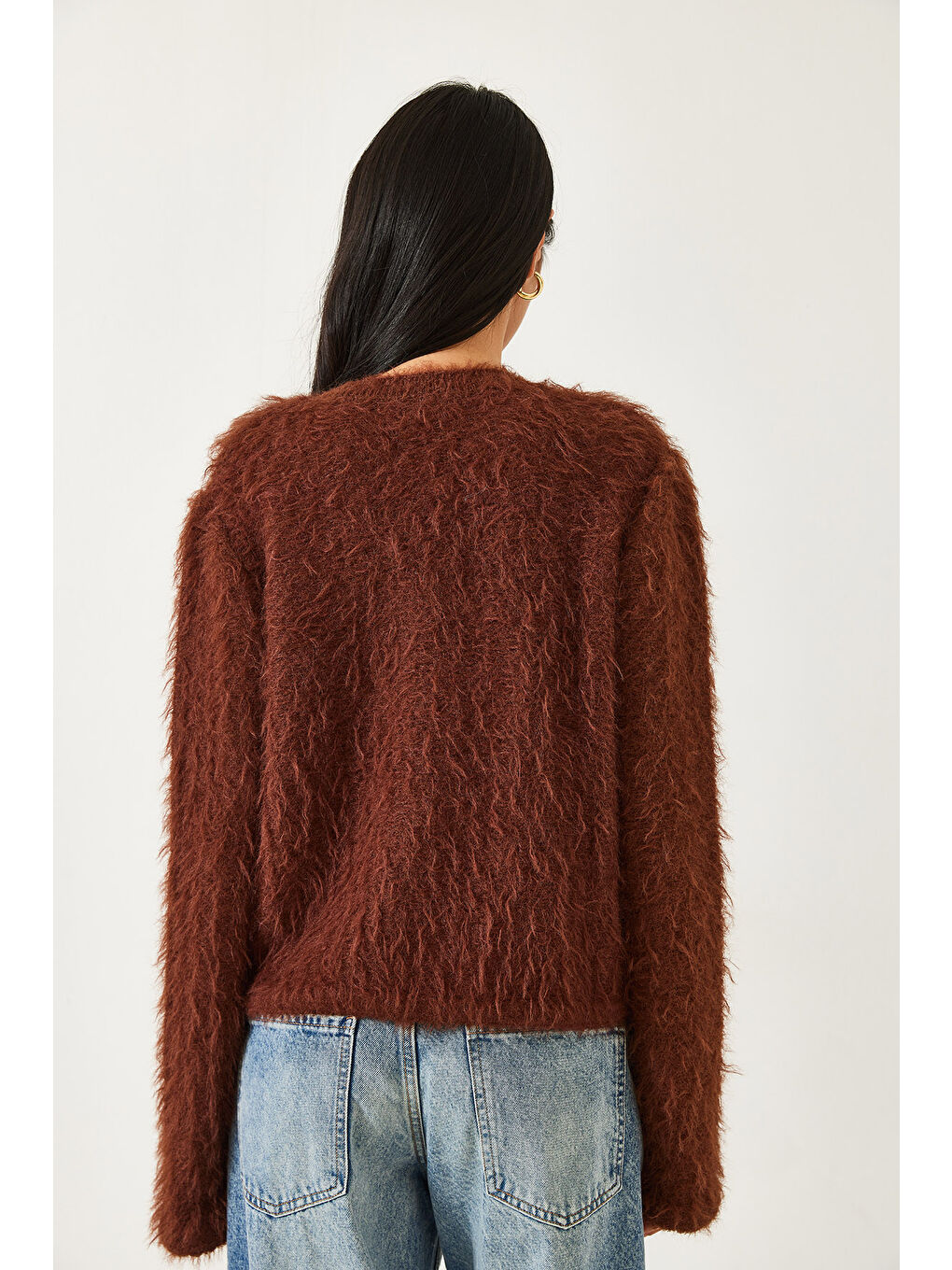 Kahverengi Kadın Önden Bağlamalı Saçaklı Hırka-5