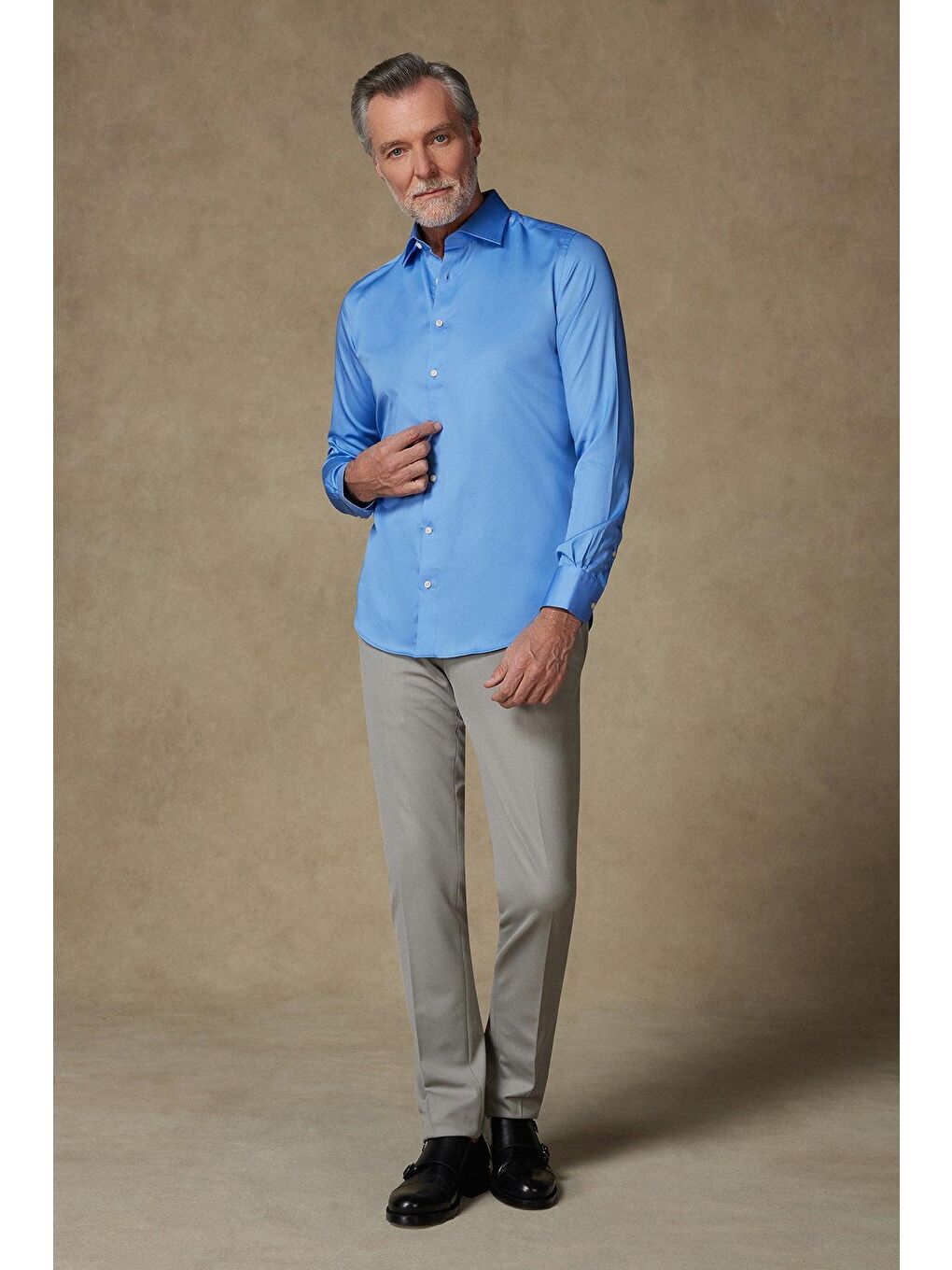 Donatello Saten Pamuklu Slim Fit Koyu Mavi Klasik Yaka Erkek Düz Gömlek-2