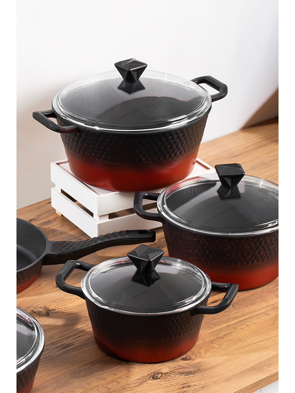 L-5087 Titanyum Döküm Tencere Seti 9 Parça Siyah Kızıl Geçişli-1