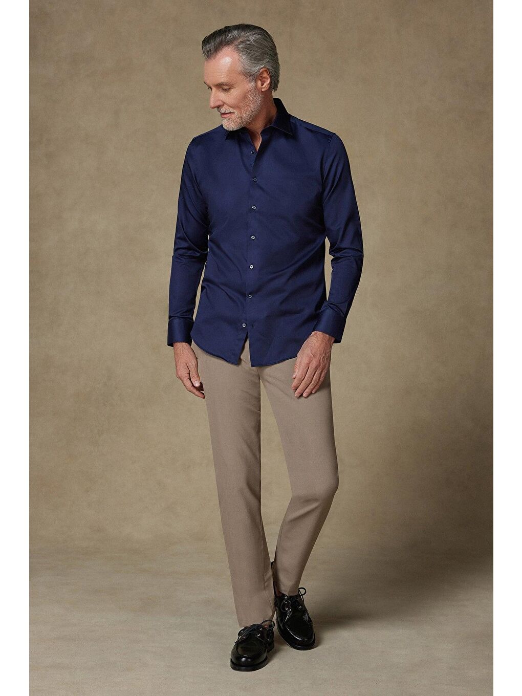 Donatello Saten Pamuklu Slim Fit Lacivert Klasik Yaka Erkek Düz Gömlek-2