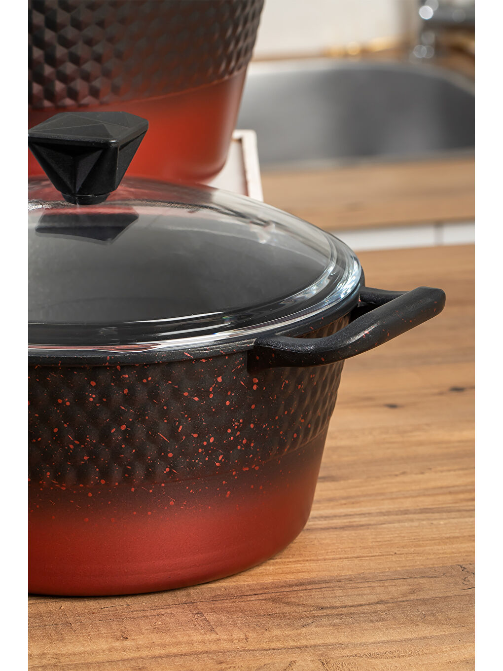 L-5087 Titanyum Döküm Tencere Seti 9 Parça Siyah Kızıl Geçişli-2