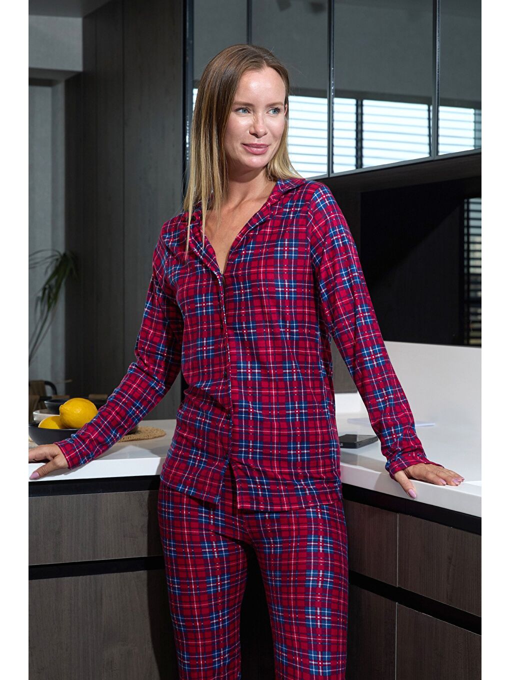 Bordo Ayıcık Desenli Gömlek Yaka Süet Pijama Takımı