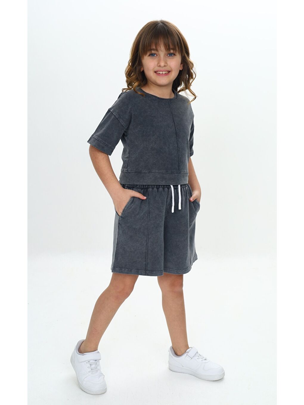 Antrasit Kız Çocuk Yıkamalı Crop Şortlu Takım-1