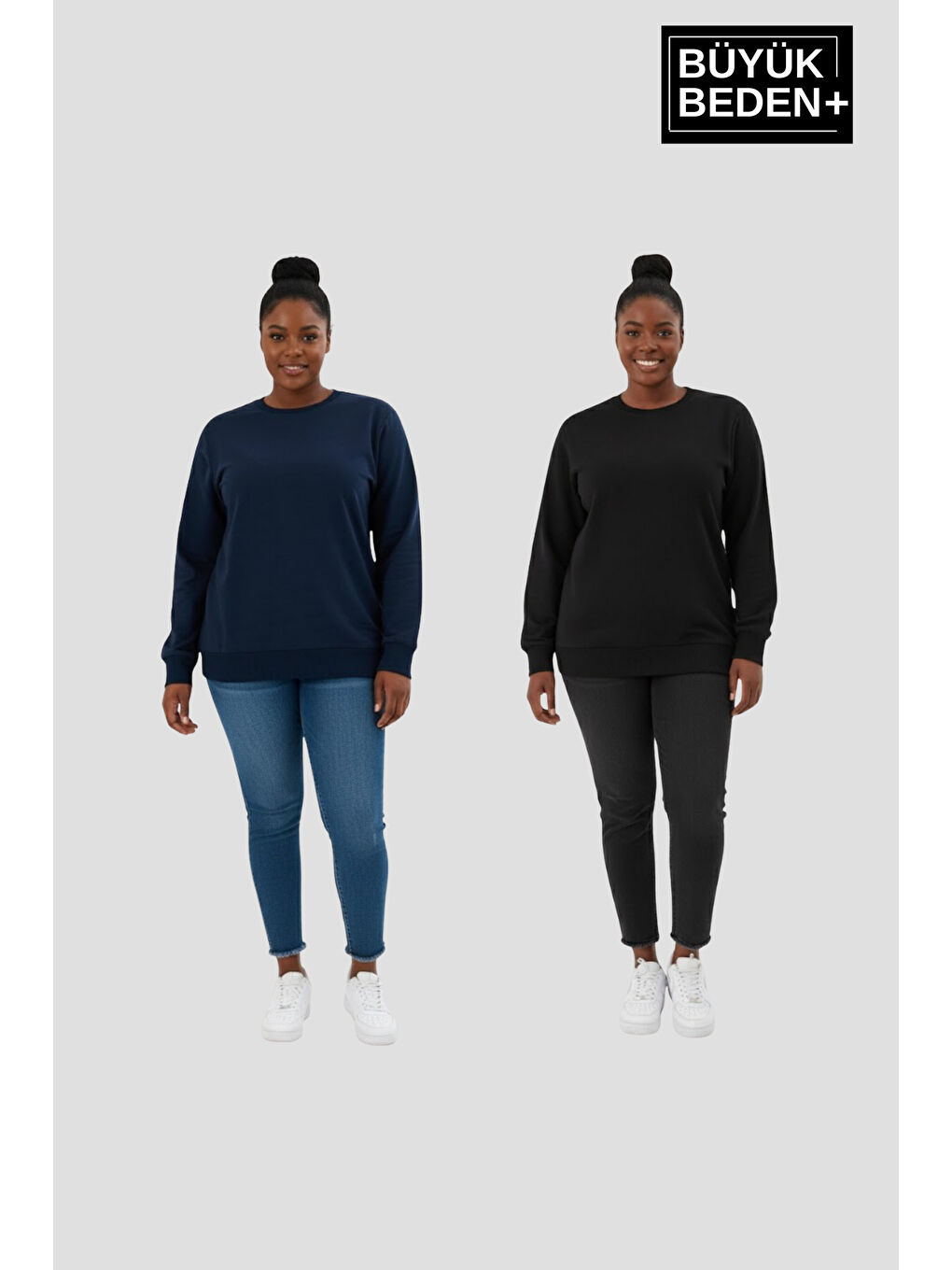 Lacivert Kadın Büyük Beden Bisiklet Yaka 2’li Set-Rahat Kalıp İnce Sweatshirt SPR26BSWK956+2