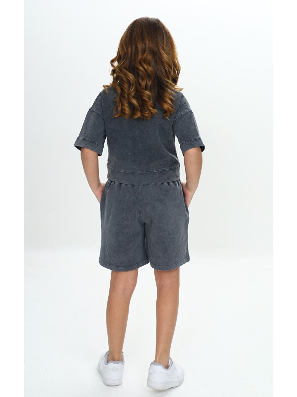 Antrasit Kız Çocuk Yıkamalı Crop Şortlu Takım-2