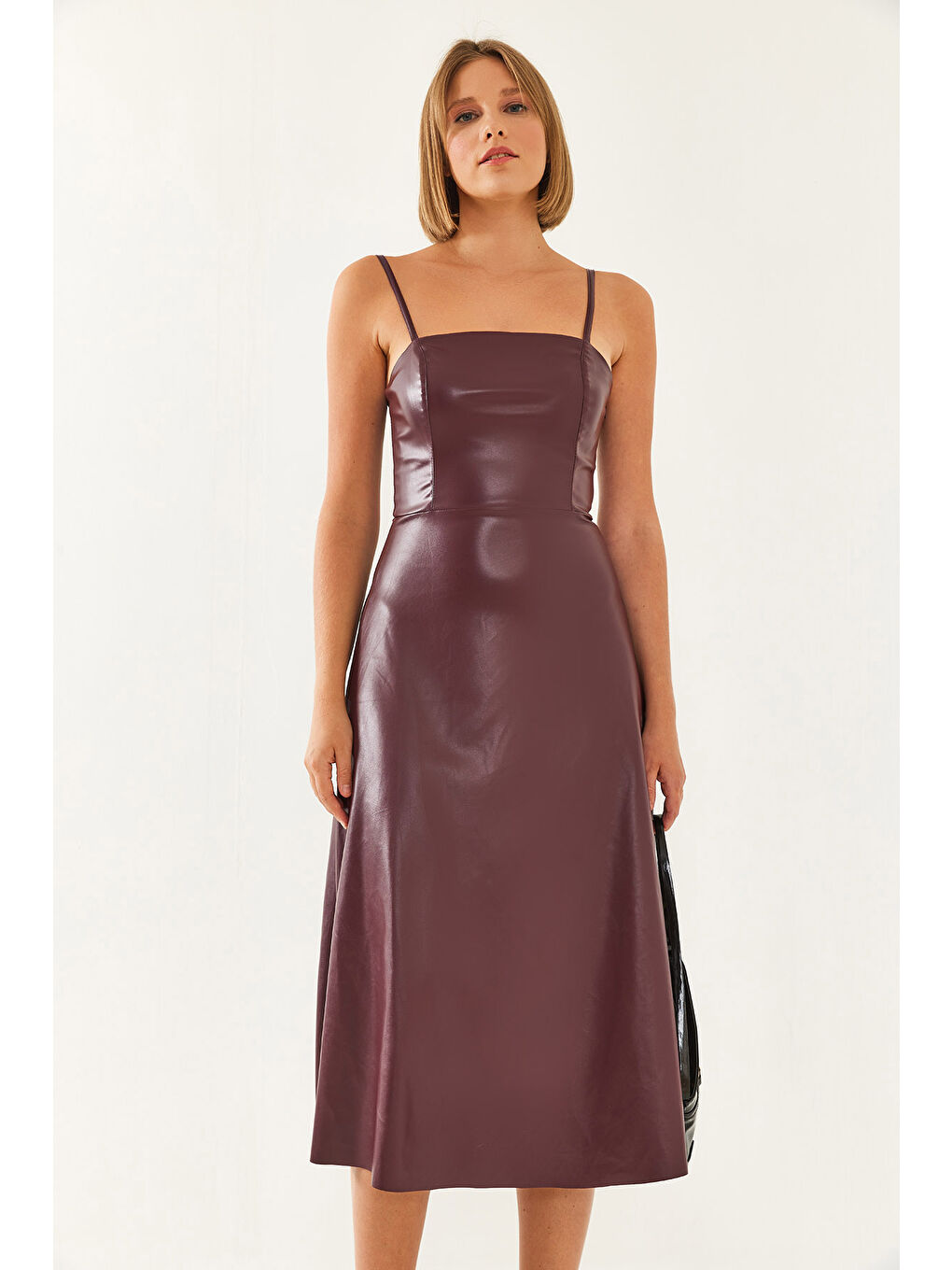 Bordo Kadın Askılı Deri Elbise-1