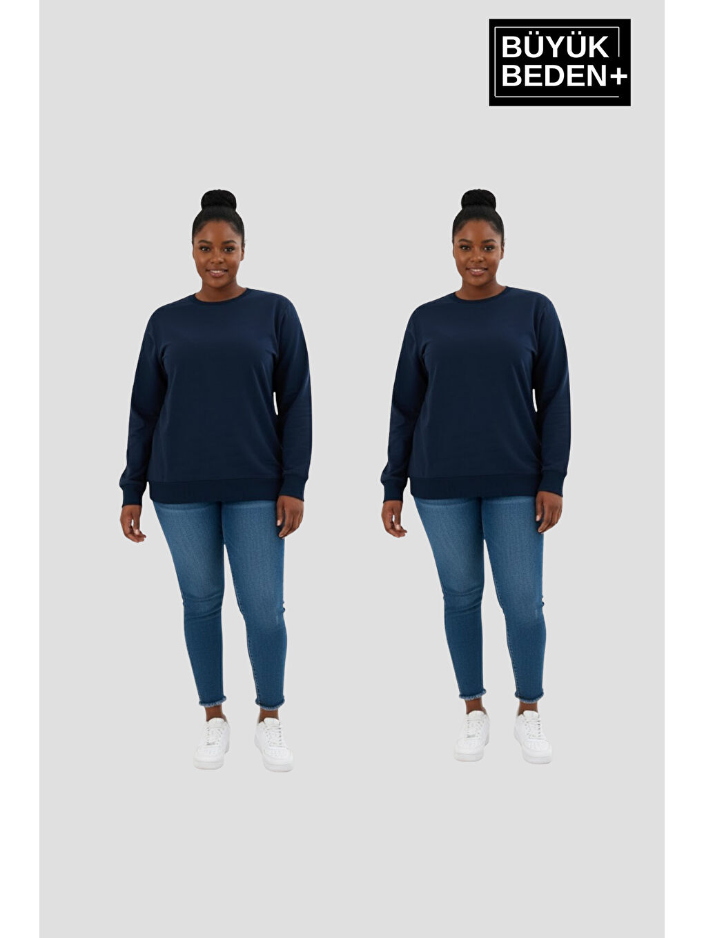 Lacivert Kadın Büyük Beden Bisiklet Yaka 2’li Set-Rahat Kalıp İnce Sweatshirt SPR26BSWK956+2