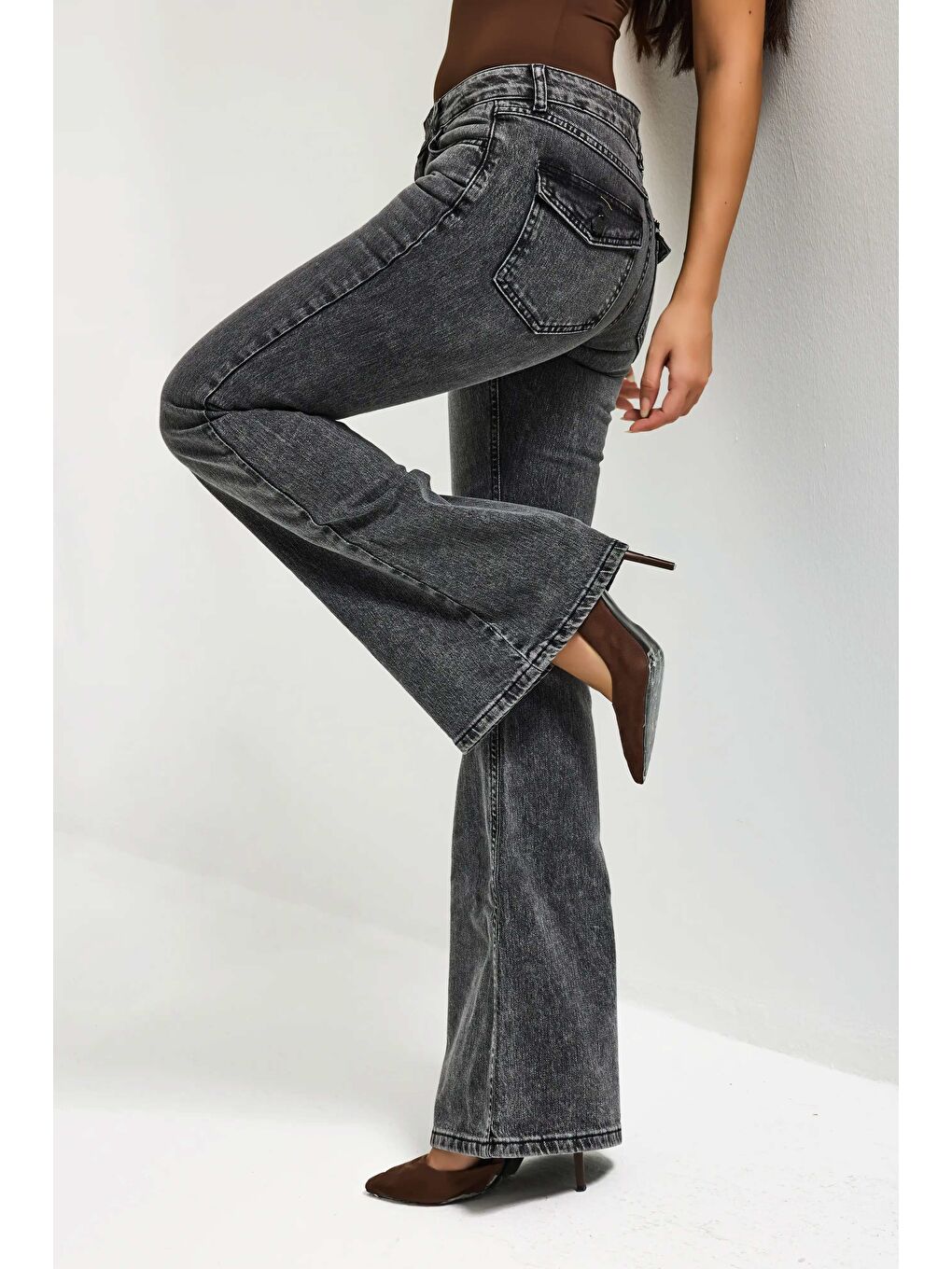 Gri Kadın Jean Füme 4s6-14 Mide Rise Flare Fit Süper Esnek Kumaş İç Boy 83cm Denim Jean