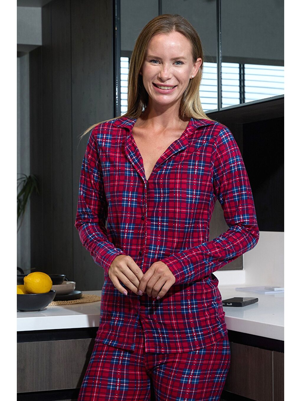 Bordo Ayıcık Desenli Gömlek Yaka Süet Pijama Takımı-3