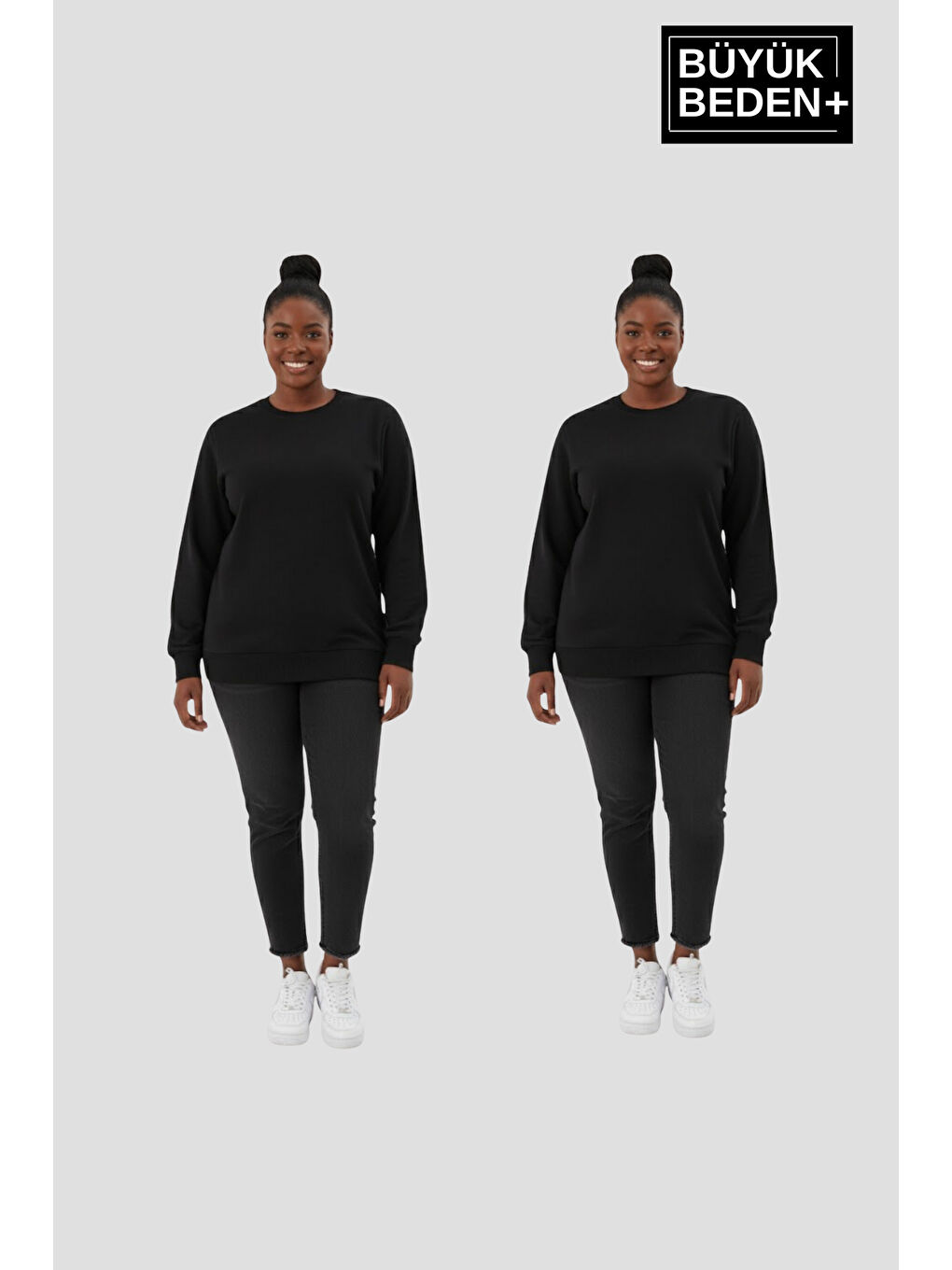 Siyah Kadın Büyük Beden Bisiklet Yaka 2’li Set-Rahat Kalıp İnce Sweatshirt SPR26BSWK956+2