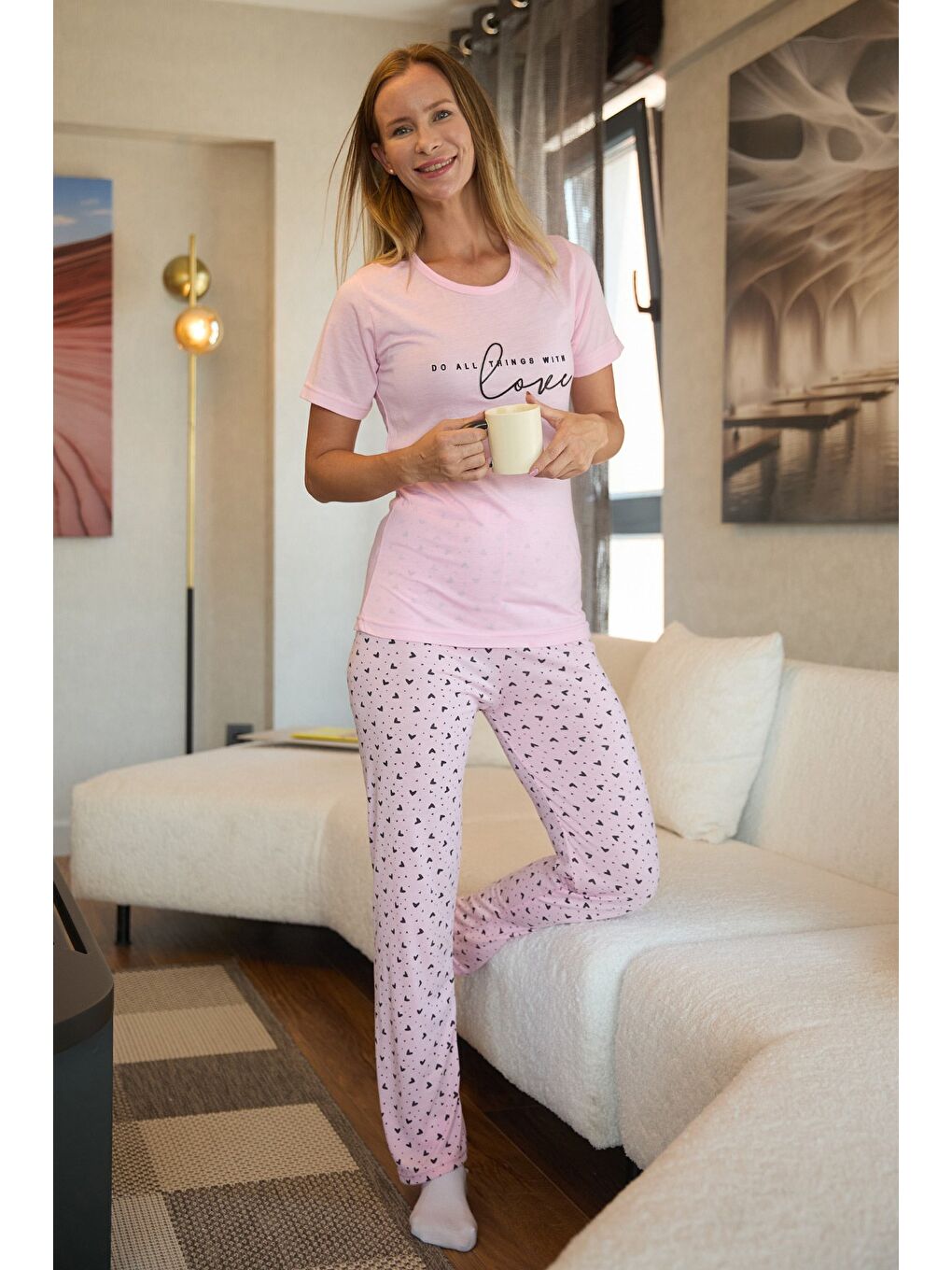 Pembe Kalp Ve Yazı Baskılı Kısa Kol Pijama Takımı-1