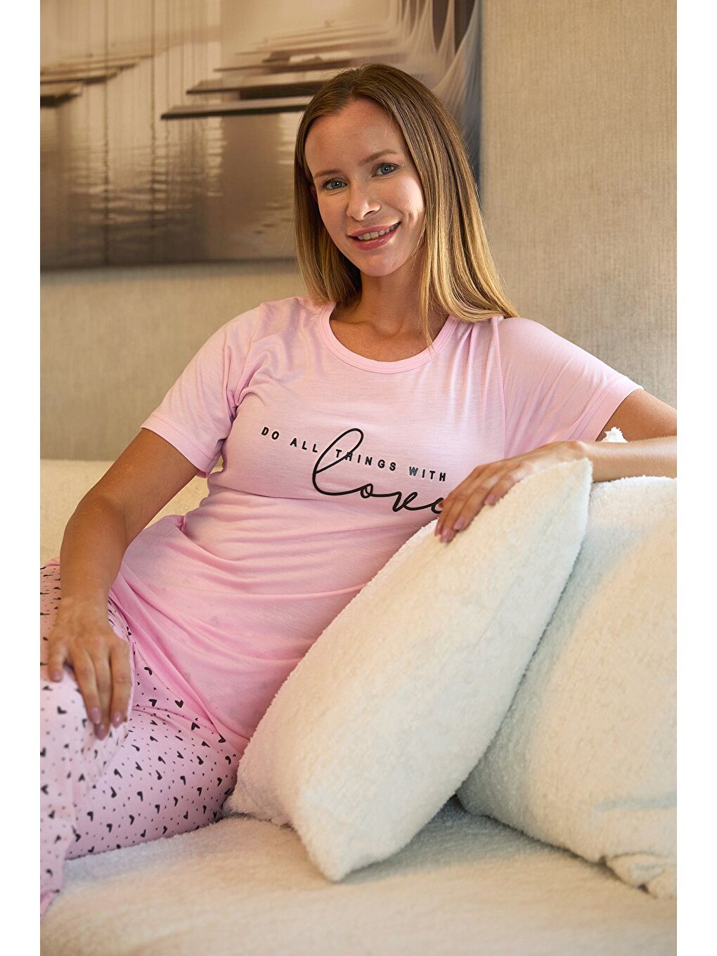 Pembe Kalp Ve Yazı Baskılı Kısa Kol Pijama Takımı-2