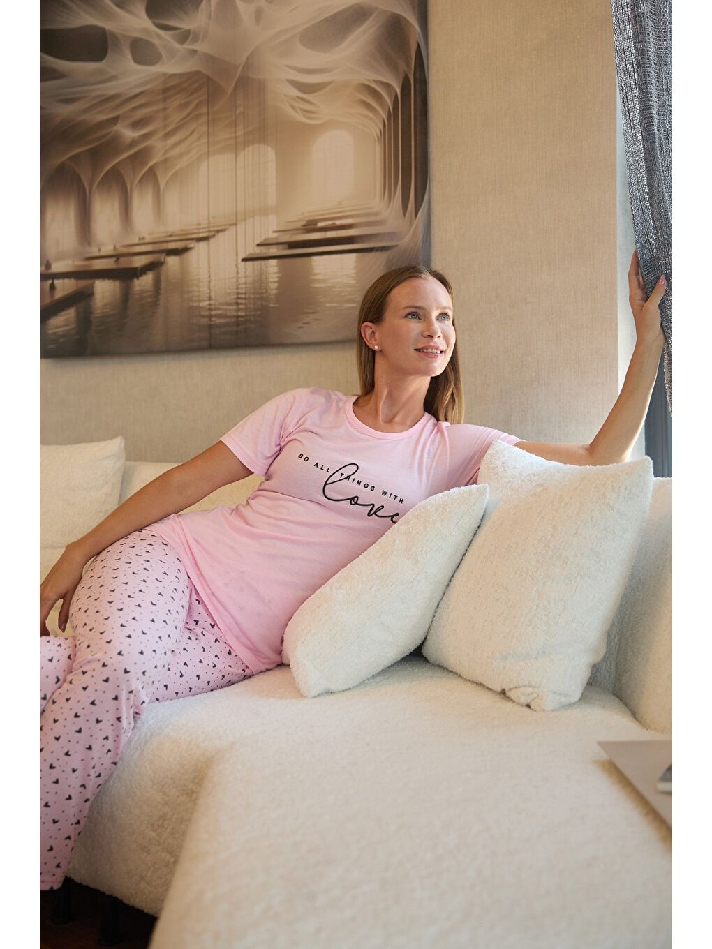 Pembe Kalp Ve Yazı Baskılı Kısa Kol Pijama Takımı-3