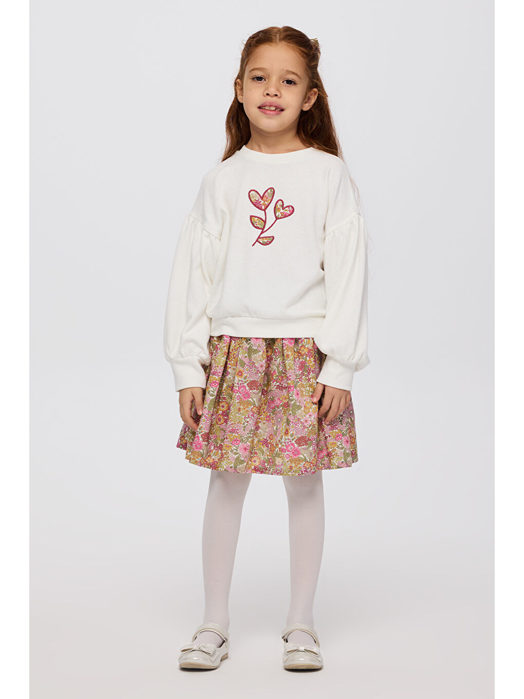 Ekru Liberty Kumaş Nakışlı Kız Çocuk Sweatshirt