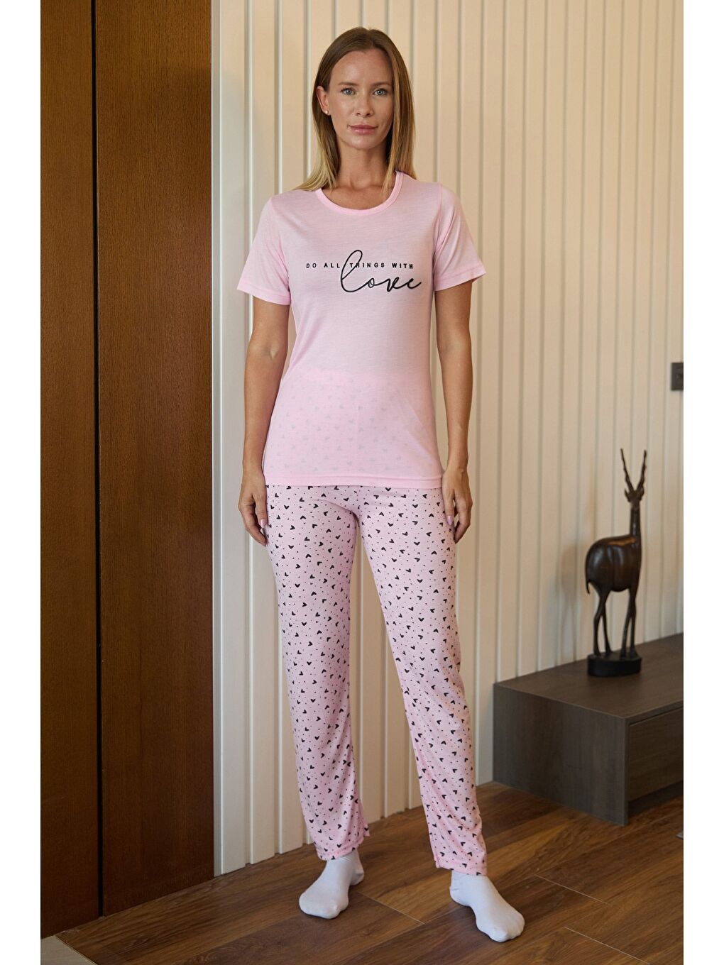 Pembe Kalp Ve Yazı Baskılı Kısa Kol Pijama Takımı-4