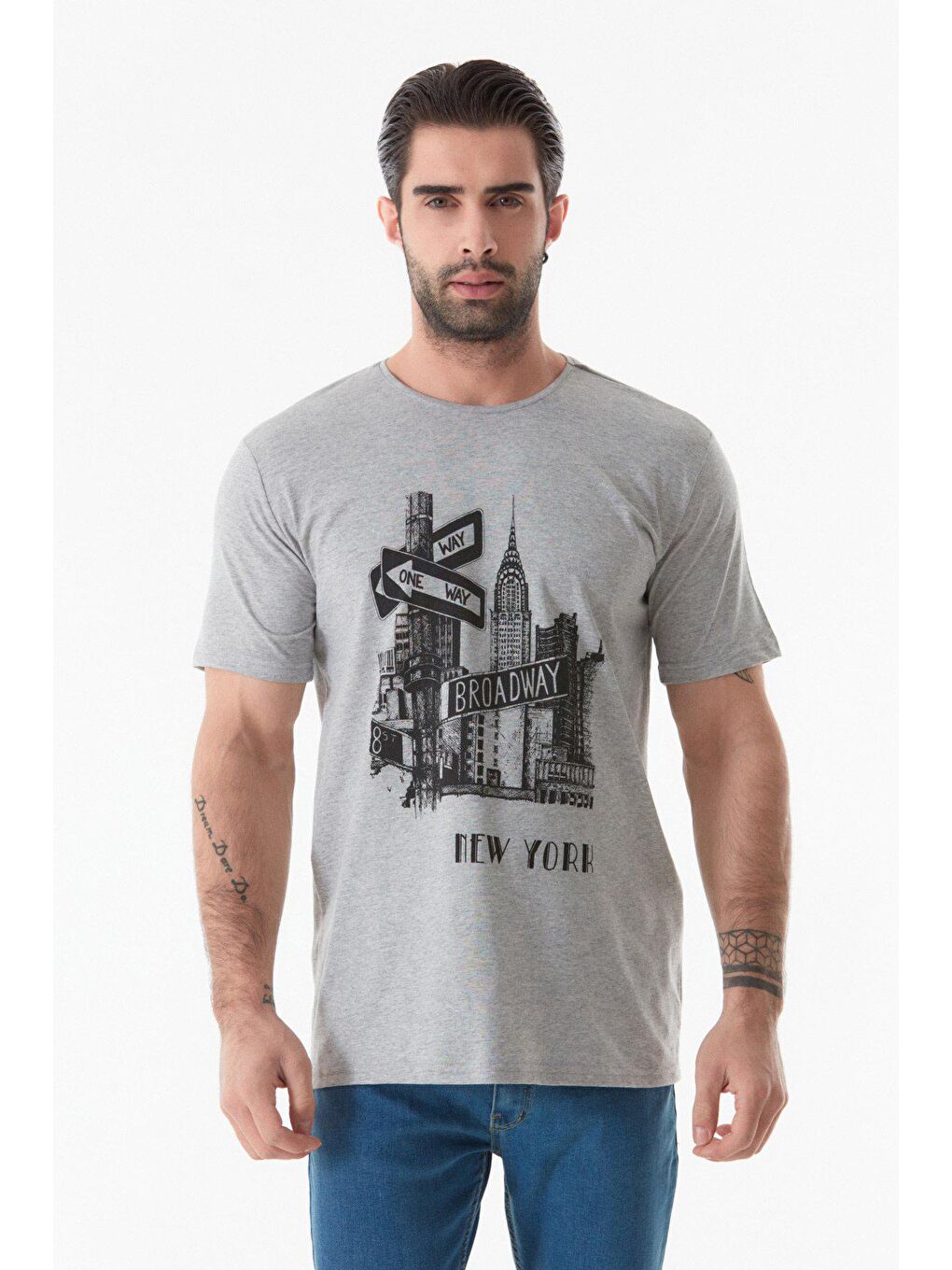 Gri Baskılı Bisiklet Yaka Tişört