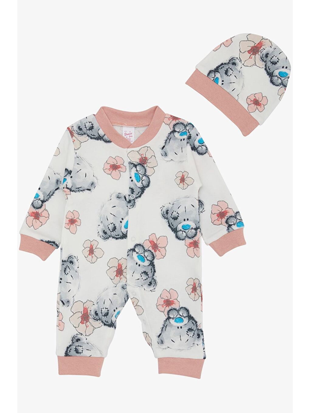 Kız Bebek Tulum Düşünceli Ayıcık & Çiçek Desenli Ekru (0-6 Ay)
