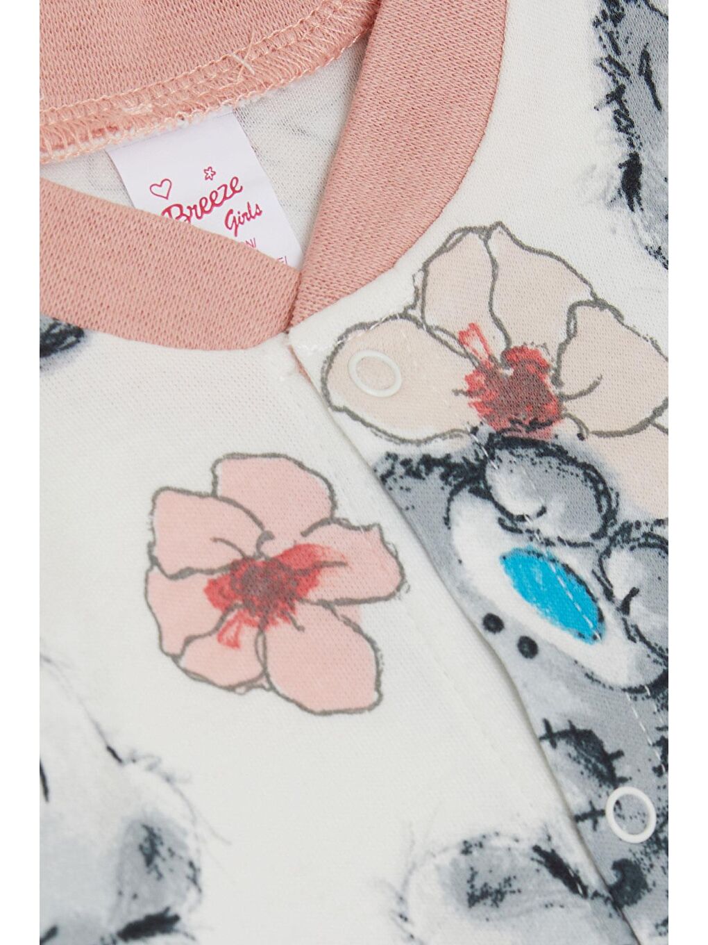 Kız Bebek Tulum Düşünceli Ayıcık & Çiçek Desenli Ekru (0-6 Ay)-2