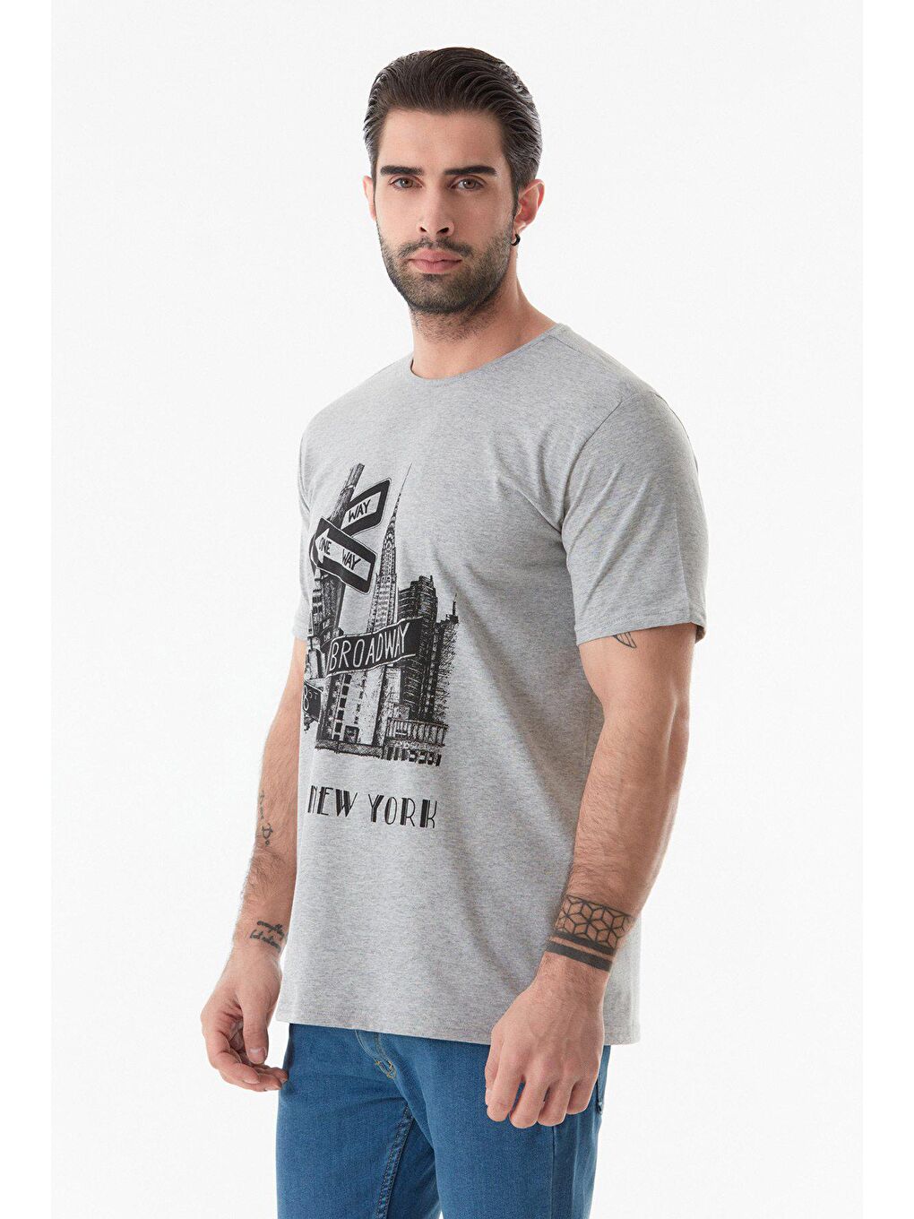 Gri Baskılı Bisiklet Yaka Tişört-1