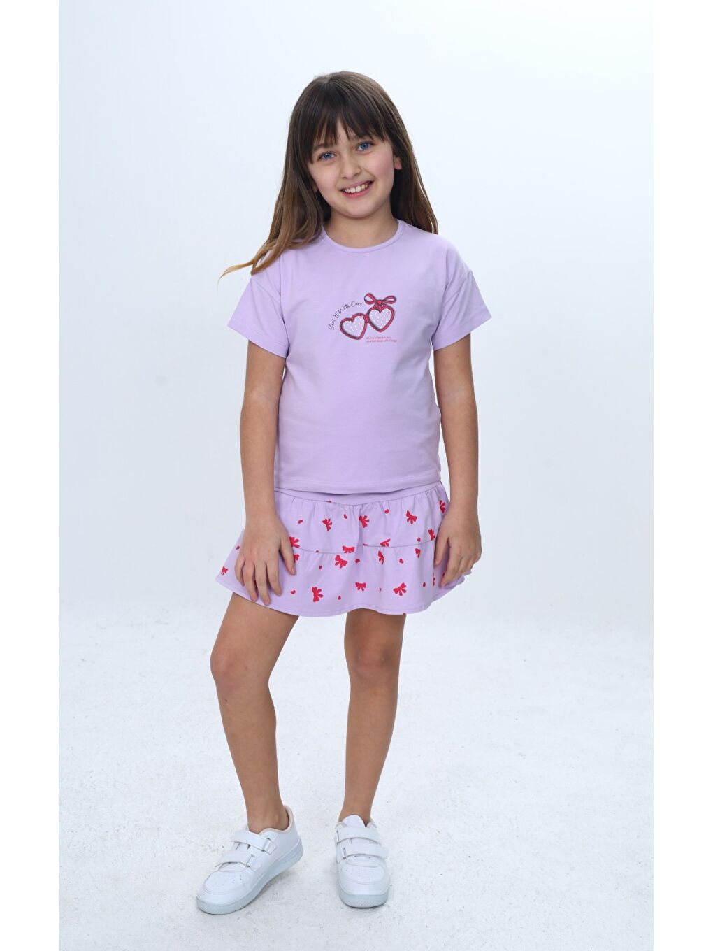 Ekru Kız Çocuk 2'li Takım Bisiklet Yaka Kısa Kollu Baskılı Tişört - Beli Lastikli Baskılı Şort Etek 24