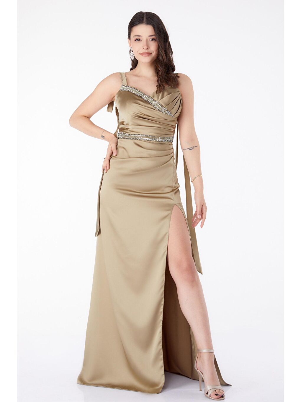 Orta Kadın Haki Kolsuz Taşlı Abiye Elbise - 25455