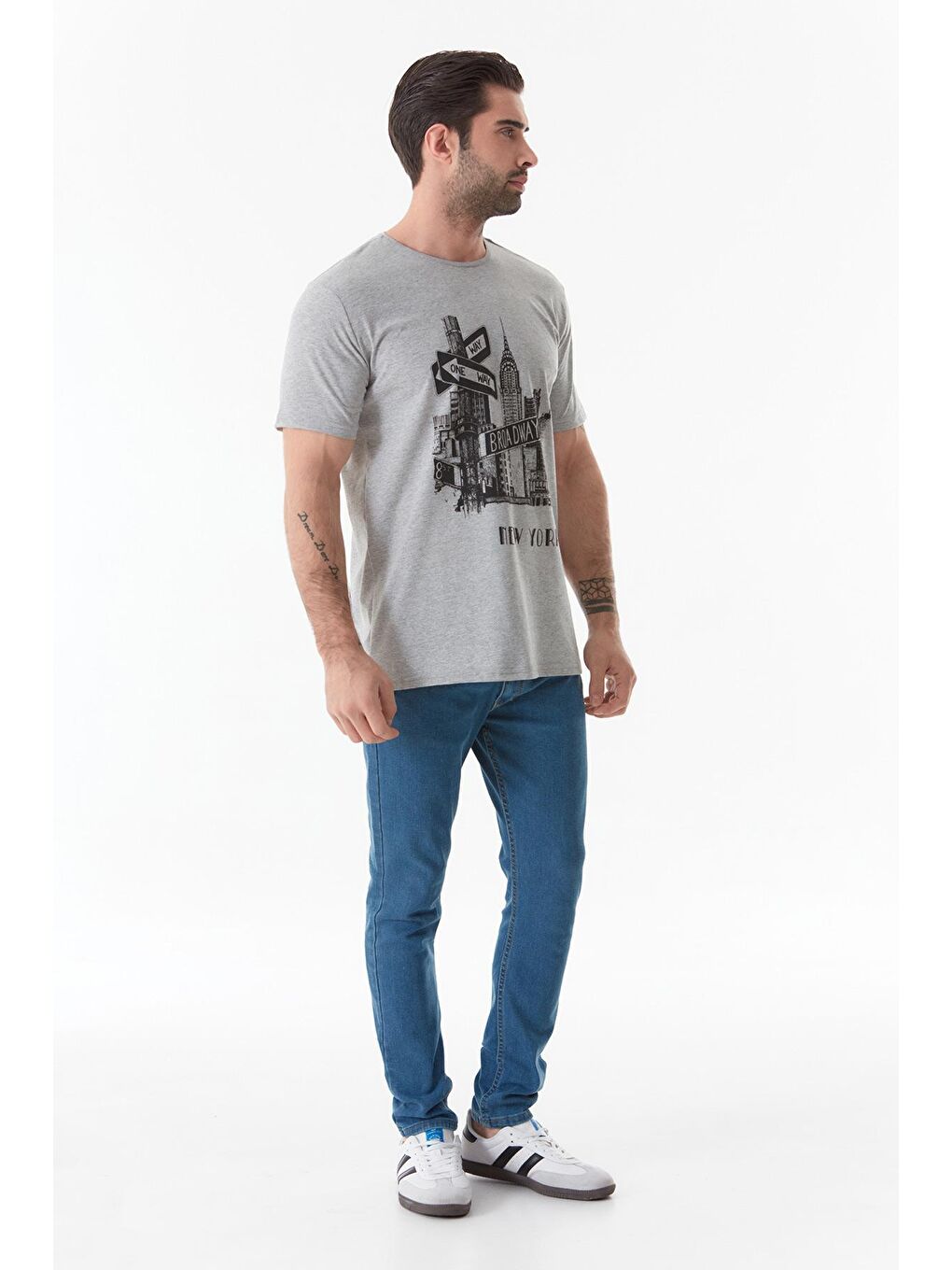 Gri Baskılı Bisiklet Yaka Tişört-2