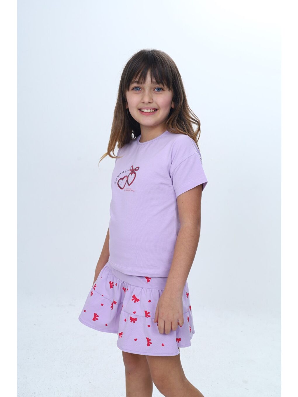 Ekru Kız Çocuk 2'li Takım Bisiklet Yaka Kısa Kollu Baskılı Tişört - Beli Lastikli Baskılı Şort Etek 24-1