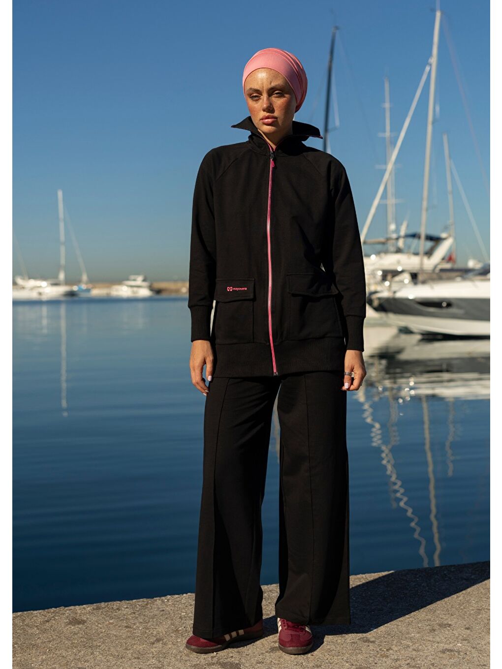 Siyah Tesettür Eşofman Fuşya Fermuarlı-1