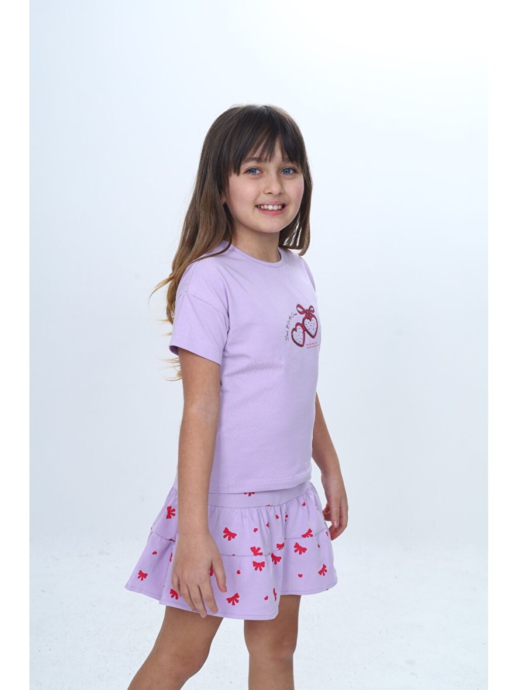 Ekru Kız Çocuk 2'li Takım Bisiklet Yaka Kısa Kollu Baskılı Tişört - Beli Lastikli Baskılı Şort Etek 24-2