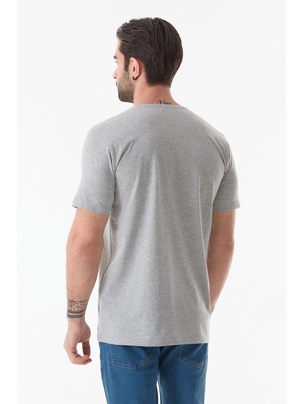 Gri Baskılı Bisiklet Yaka Tişört-3