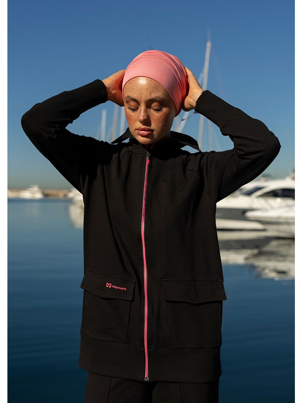 Siyah Tesettür Eşofman Fuşya Fermuarlı-4