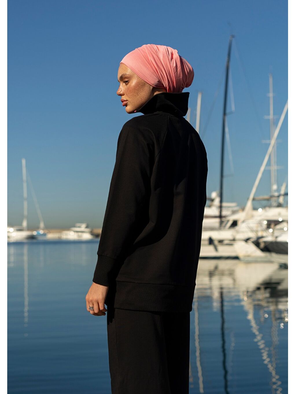 Siyah Tesettür Eşofman Fuşya Fermuarlı-5