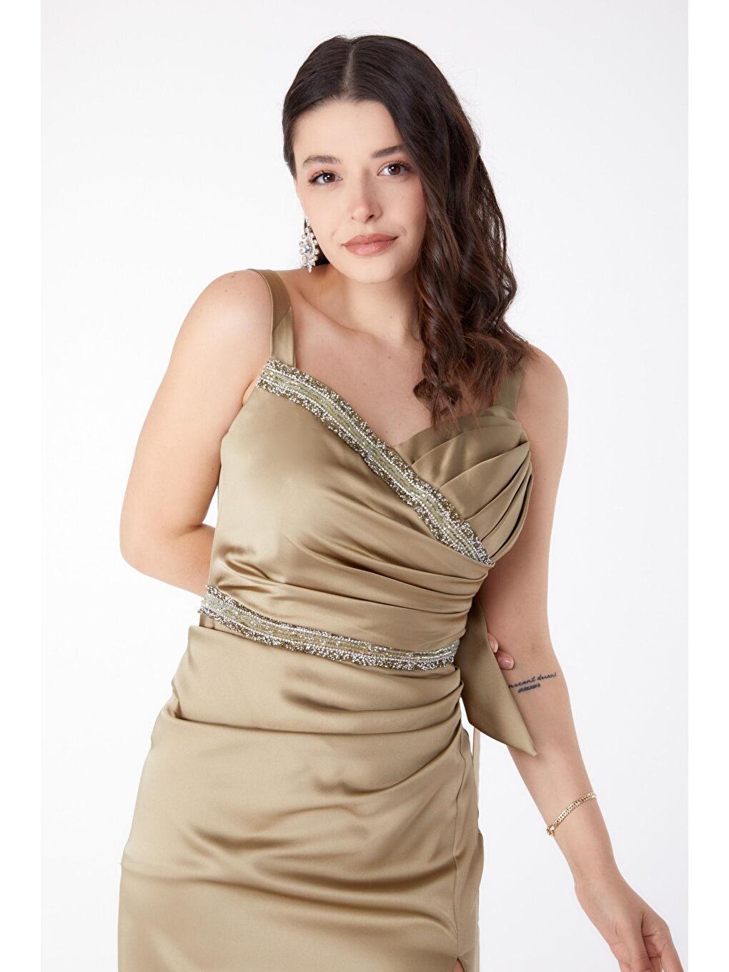 Orta Kadın Haki Kolsuz Taşlı Abiye Elbise - 25455-2