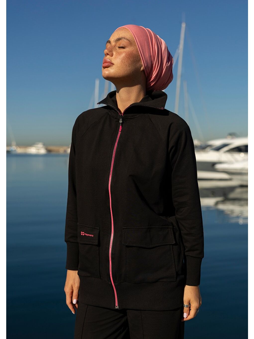 Siyah Tesettür Eşofman Fuşya Fermuarlı-6