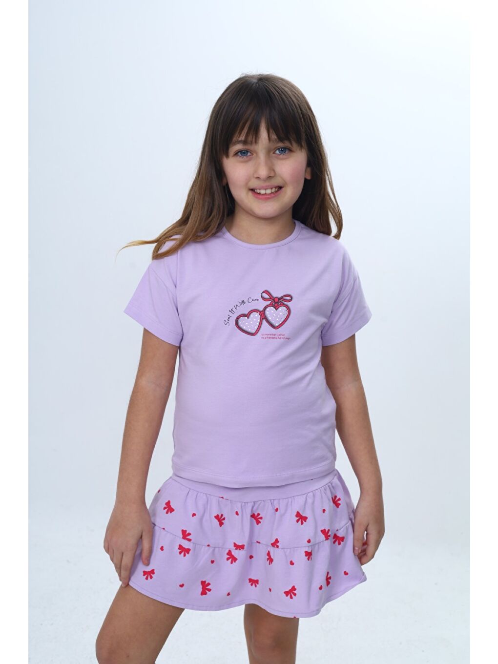 Ekru Kız Çocuk 2'li Takım Bisiklet Yaka Kısa Kollu Baskılı Tişört - Beli Lastikli Baskılı Şort Etek 24-3