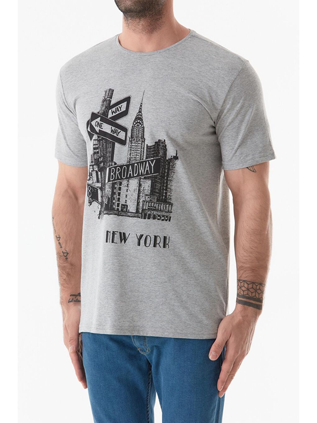 Gri Baskılı Bisiklet Yaka Tişört-4