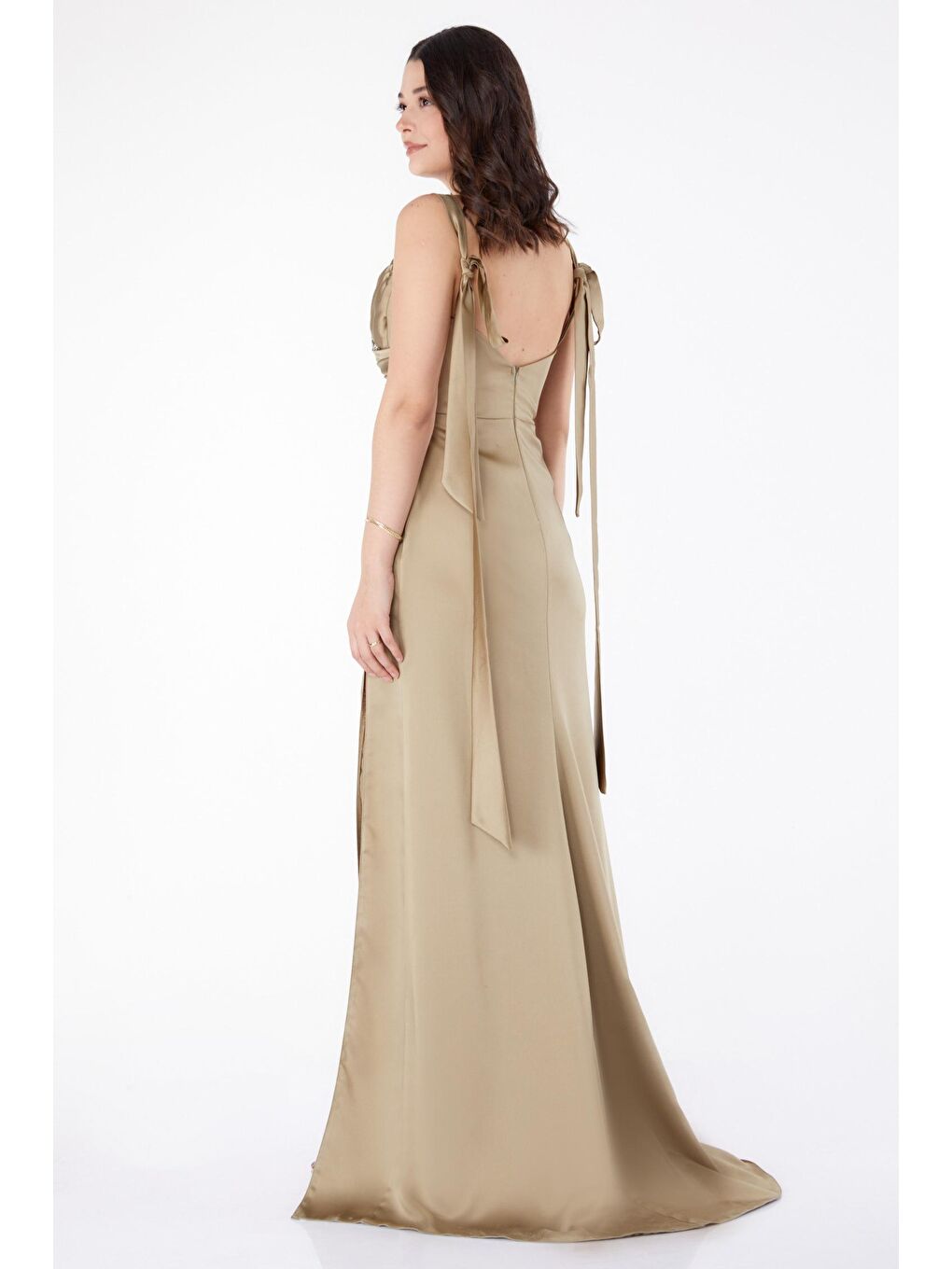 Orta Kadın Haki Kolsuz Taşlı Abiye Elbise - 25455-3