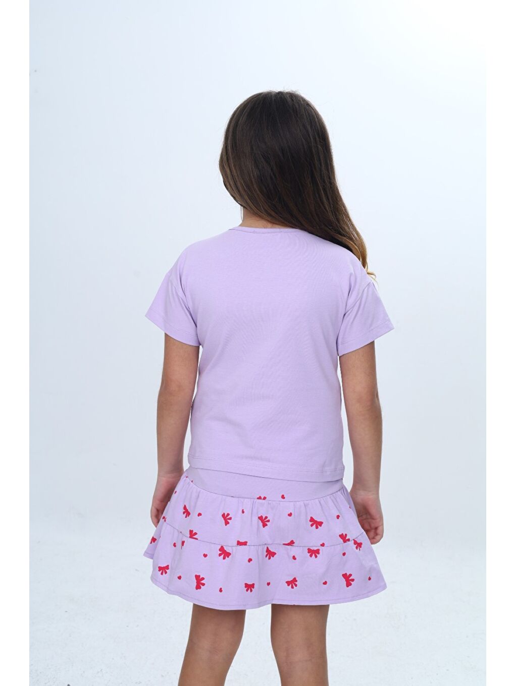 Ekru Kız Çocuk 2'li Takım Bisiklet Yaka Kısa Kollu Baskılı Tişört - Beli Lastikli Baskılı Şort Etek 24-6