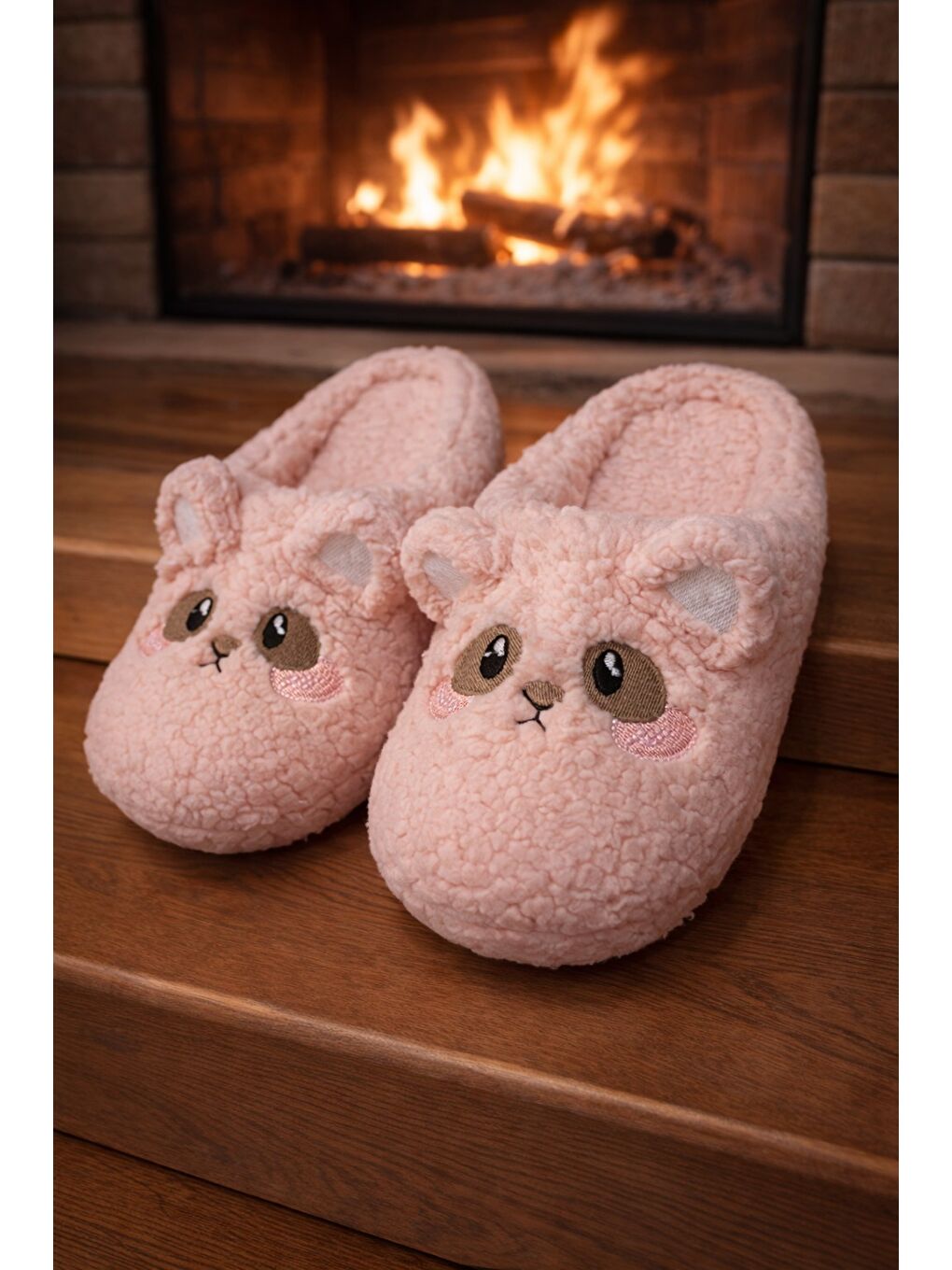 Pembe TEDDY BEAR Kadın Ev Terliği Kışlık Terlik Kauçuk Ses Yapmayan Taban