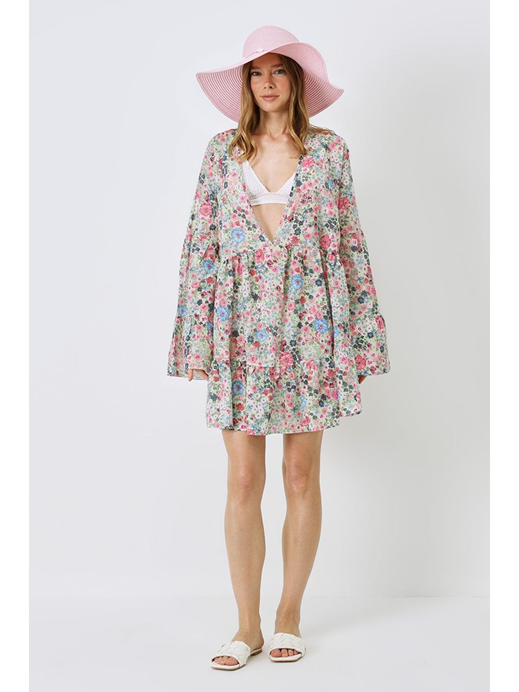 Beyaz Pareo Plaj Elbisesi 22329 Çiçekli-2