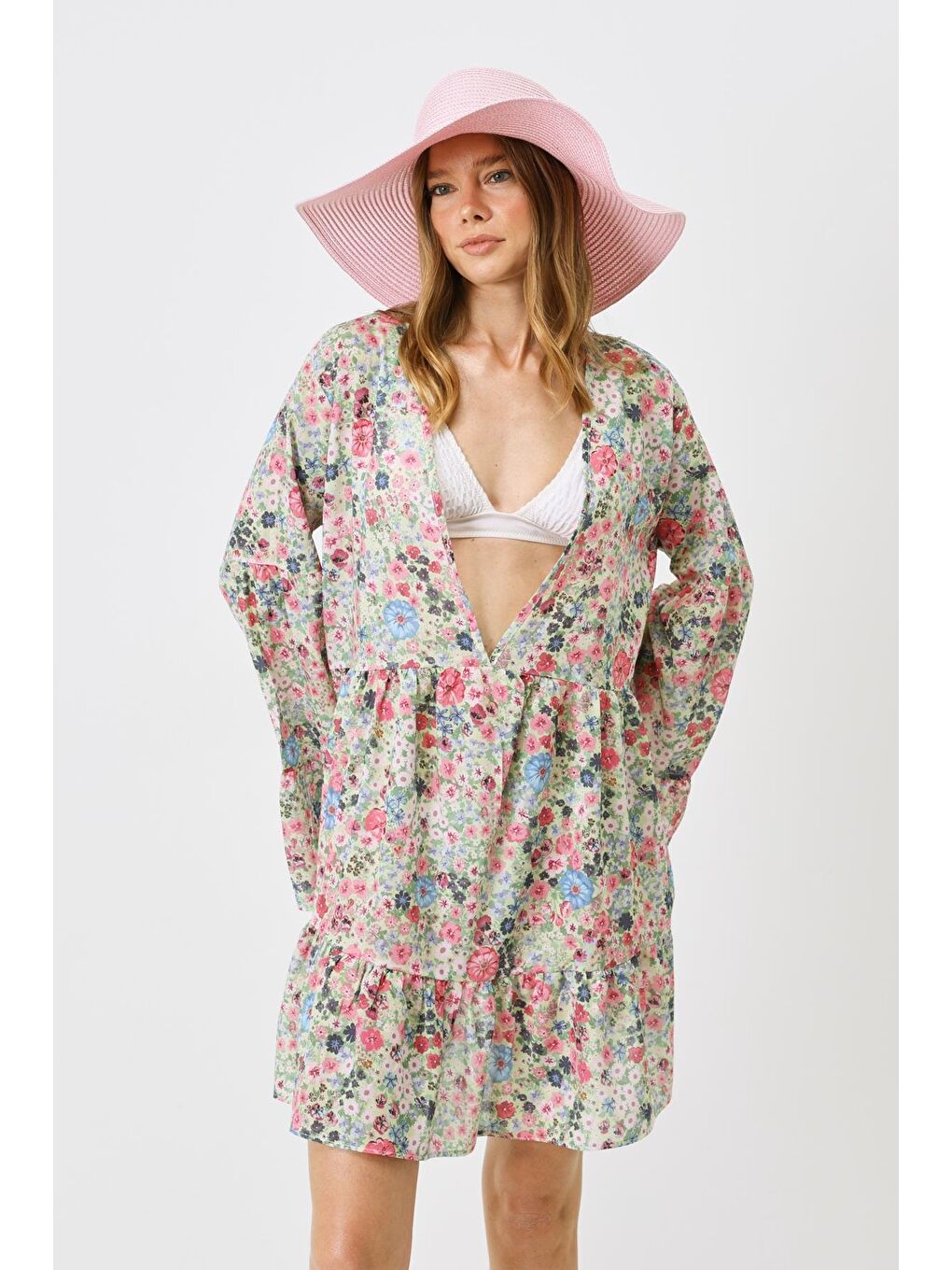 Beyaz Pareo Plaj Elbisesi 22329 Çiçekli-3