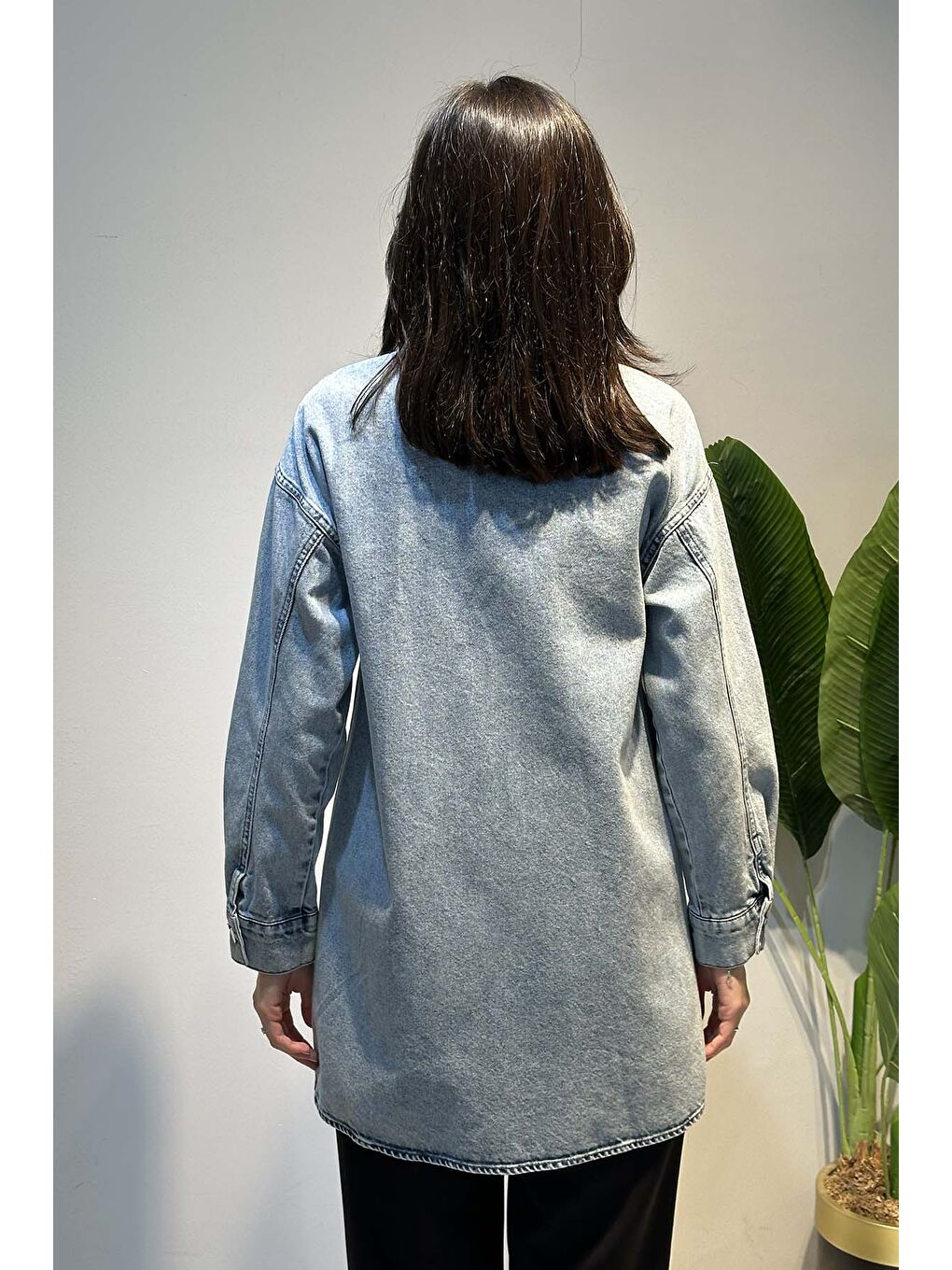 Taş Detay Denim Kuşaklı ve Önü Düğmeli Jean Ceket 7456 Mavi-4