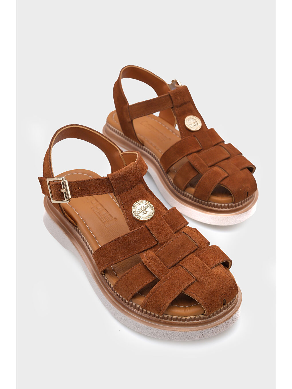 Kahverengi Juliane Hakiki Süet Gladyatör Dolgu Topuk Kadın Sandalet-1